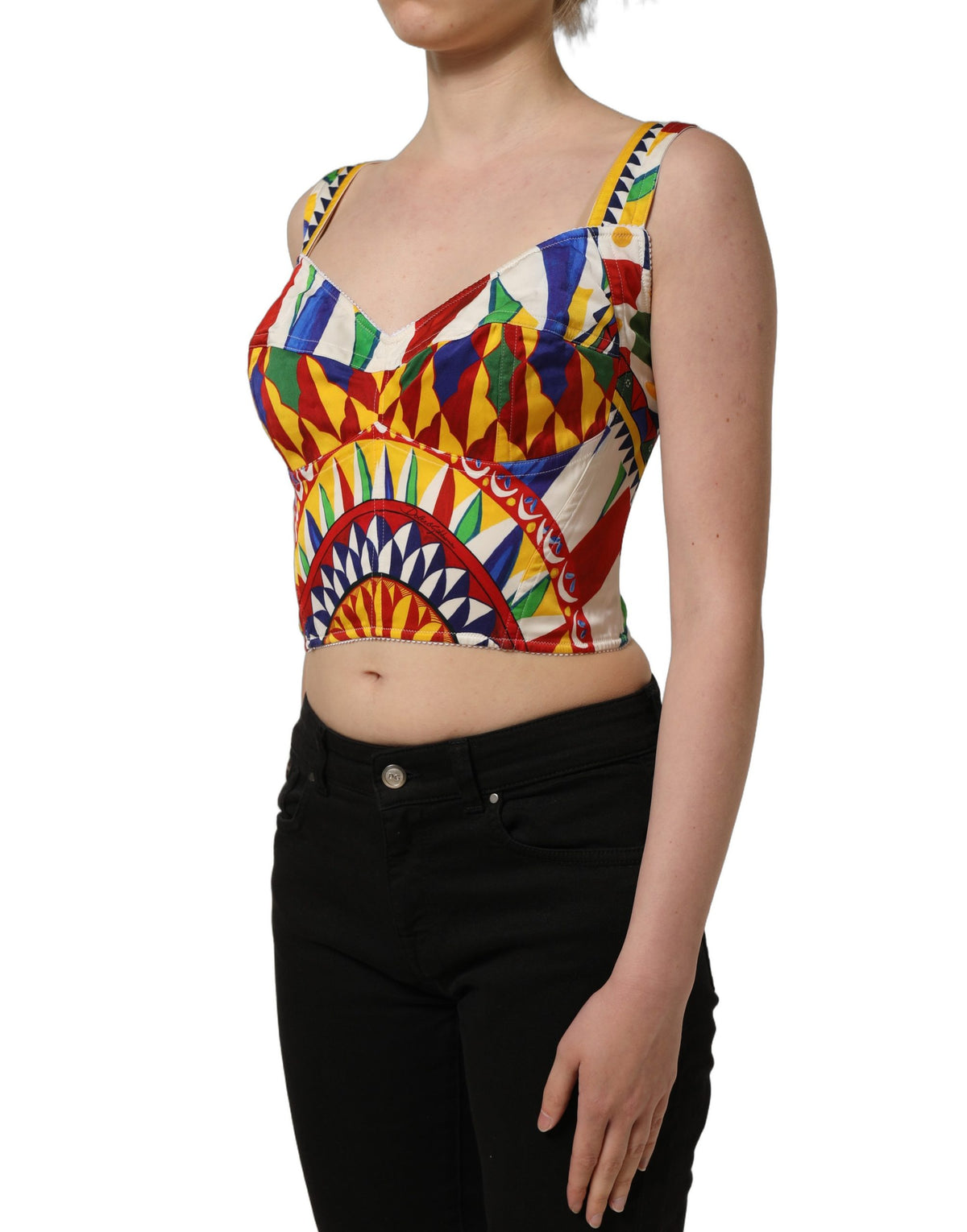 Dolce & Gabbana Multicolor Silk Carretto Print Cropped Tank Top