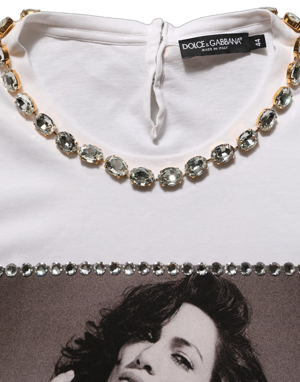 Dolce & Gabbana White Printed Jeweled Round Neck T-shirt