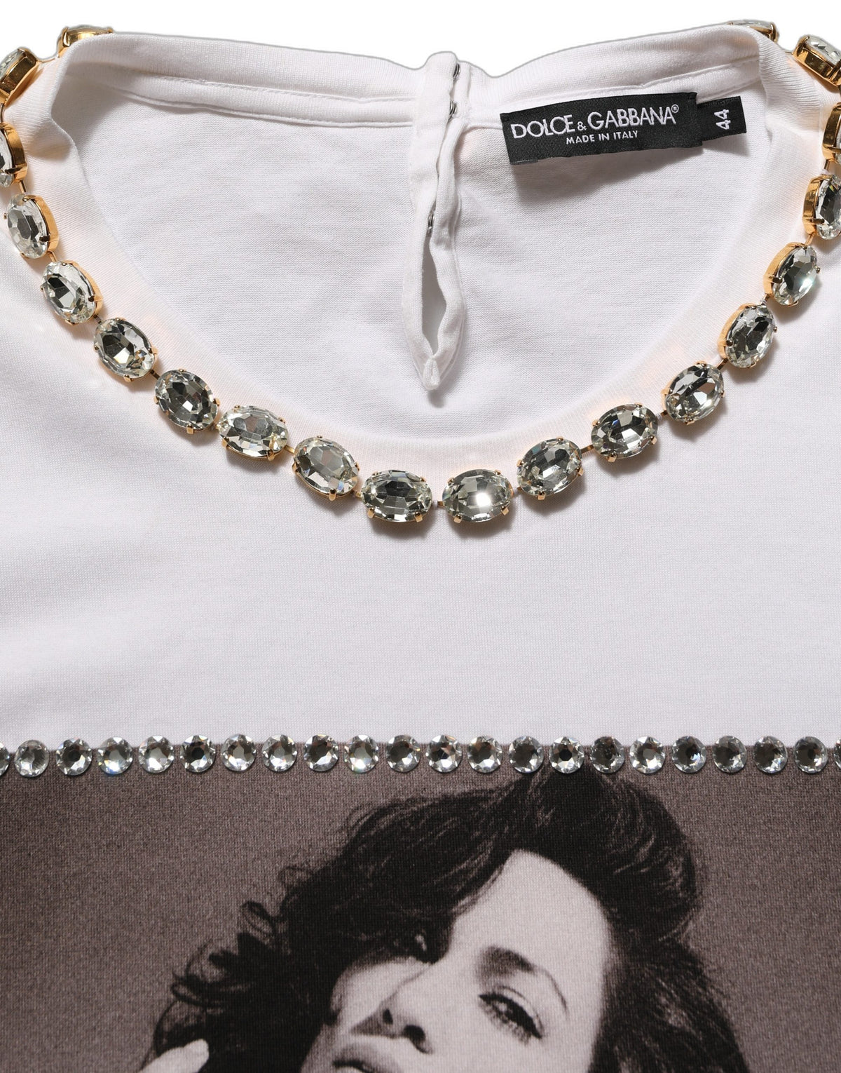 Dolce & Gabbana White Printed Jeweled Round Neck T-shirt