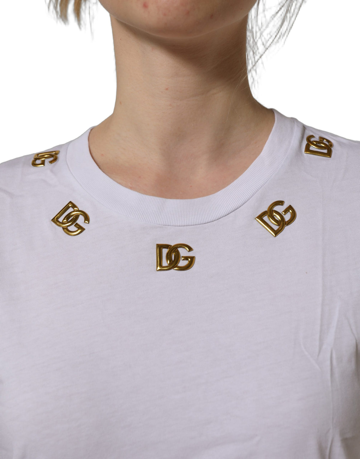 Dolce & Gabbana White Cotton Gold DG Logo Crew Neck T-shirt