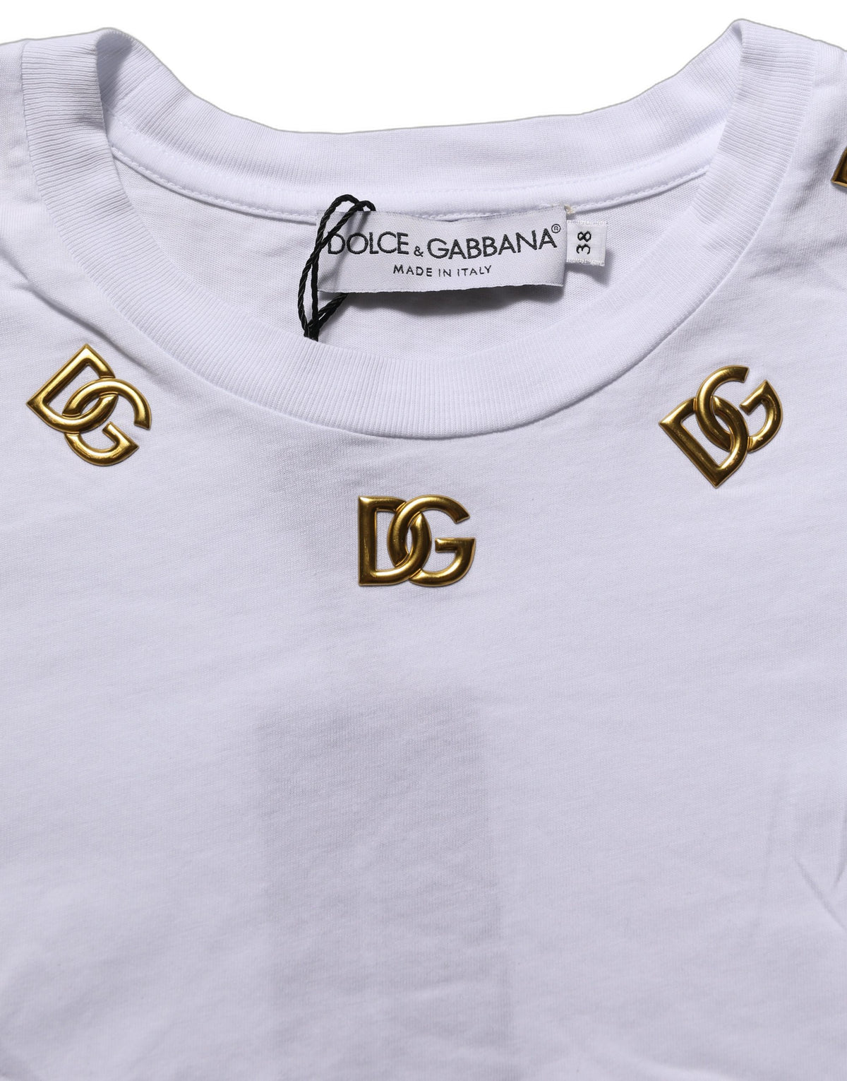 Dolce & Gabbana White Cotton Gold DG Logo Crew Neck T-shirt