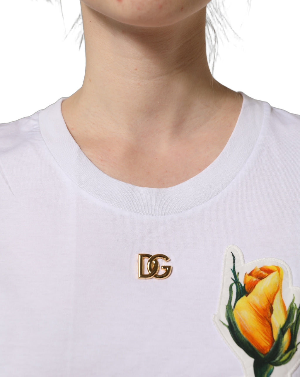 Dolce & Gabbana White Cotton Rose Patch Crew Neck T-shirt