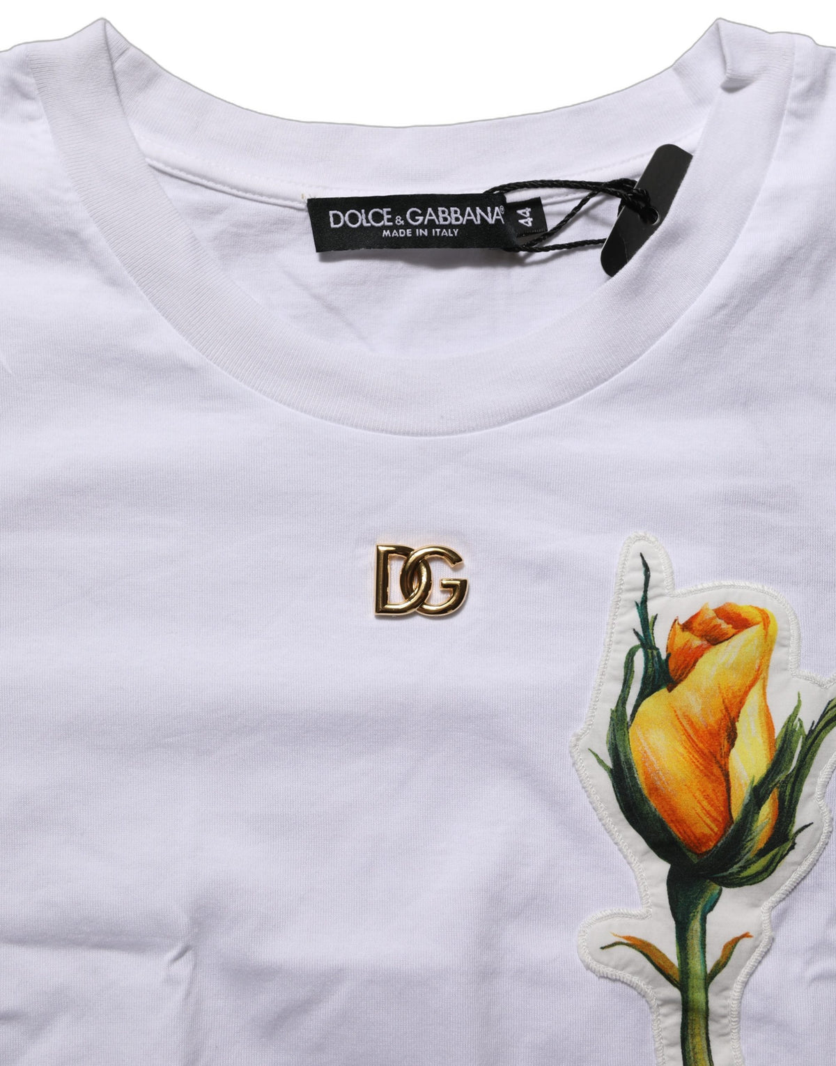 Dolce & Gabbana White Cotton Rose Patch Crew Neck T-shirt