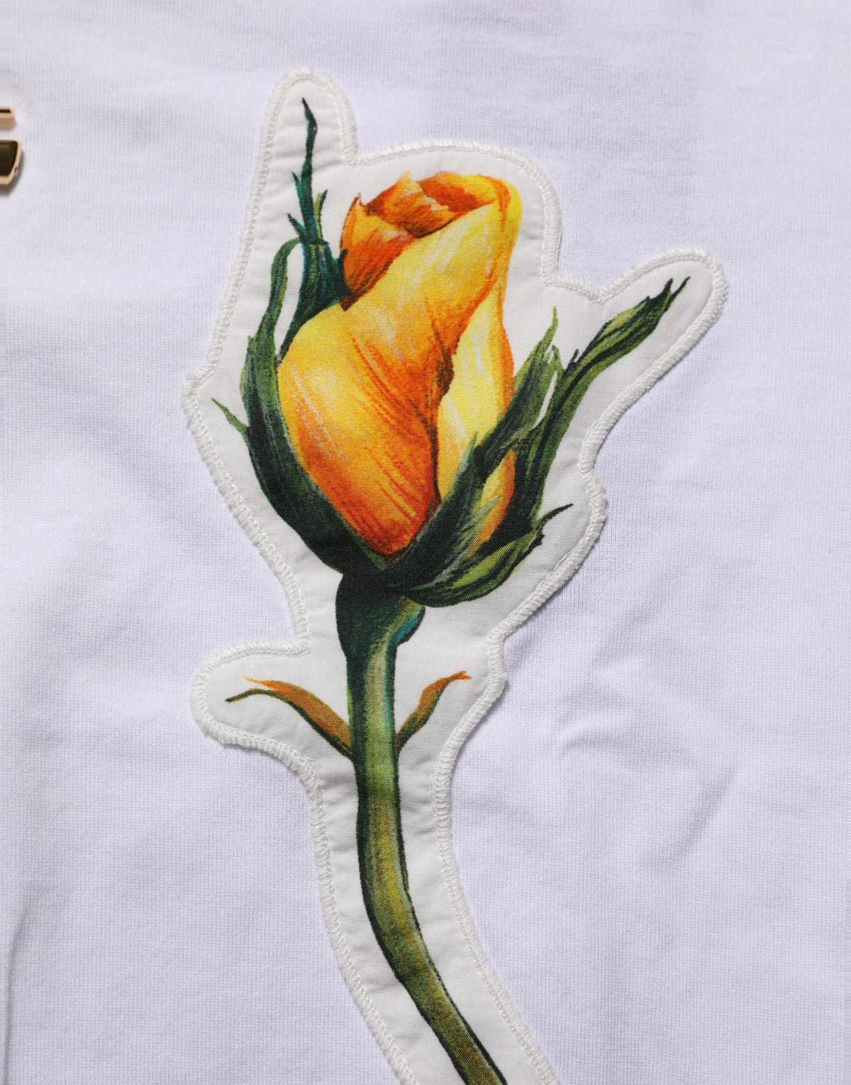 Dolce & Gabbana White Cotton Rose Patch Crew Neck T-shirt
