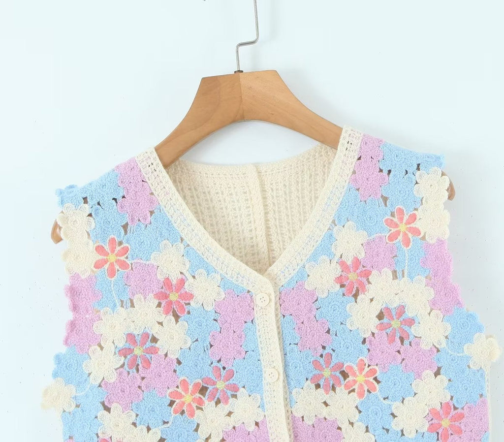 Women Retro Thailand Holiday Floral Vest Cardigan Top Casual All Matching Graceful