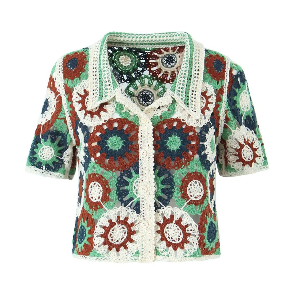 Retro Lapels Crocheted Top Spring Women Clothing Years Contrast Color Breasted Short Sweater