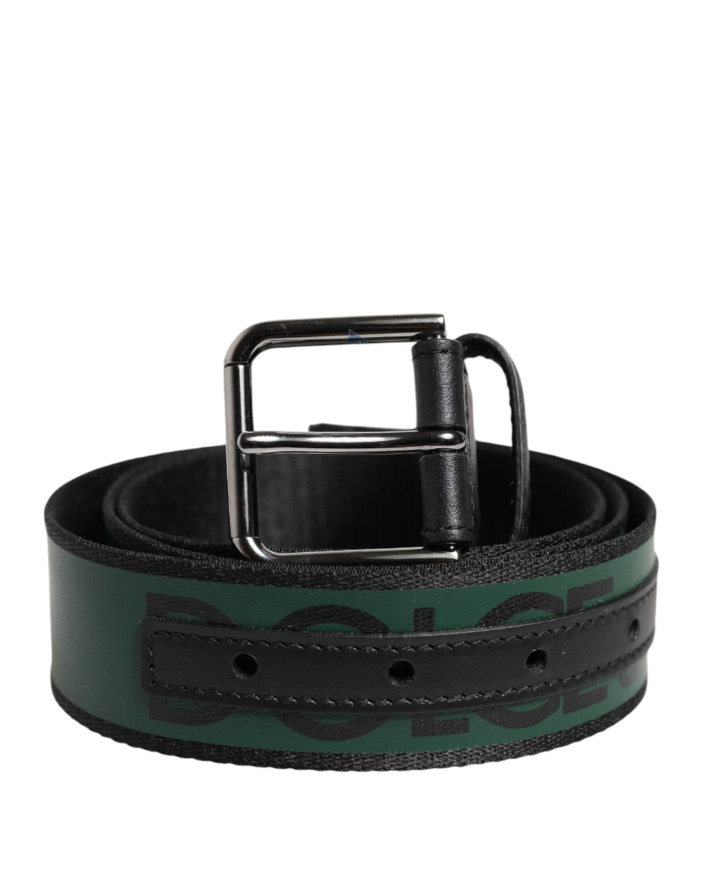 Dolce & Gabbana Black Green Logo Silver Tone Metal Buckle Belt