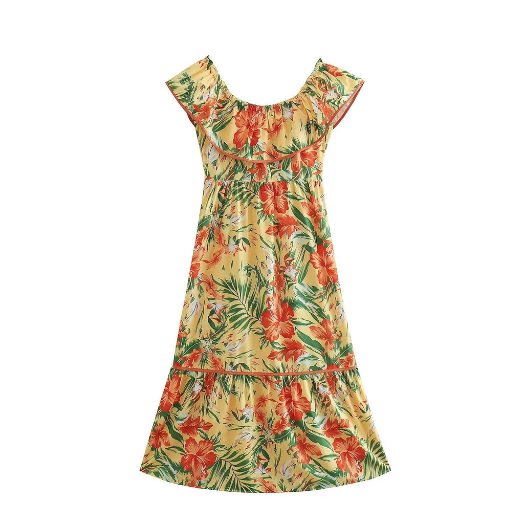 Women Clothing French High Waist Slimming Two Way Lace Chiffon Printed Dress