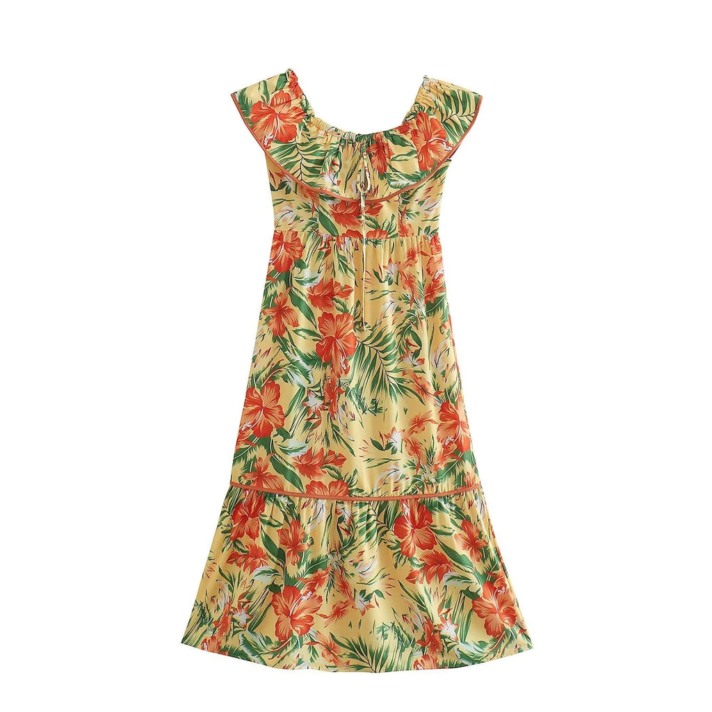 Women Clothing French High Waist Slimming Two Way Lace Chiffon Printed Dress