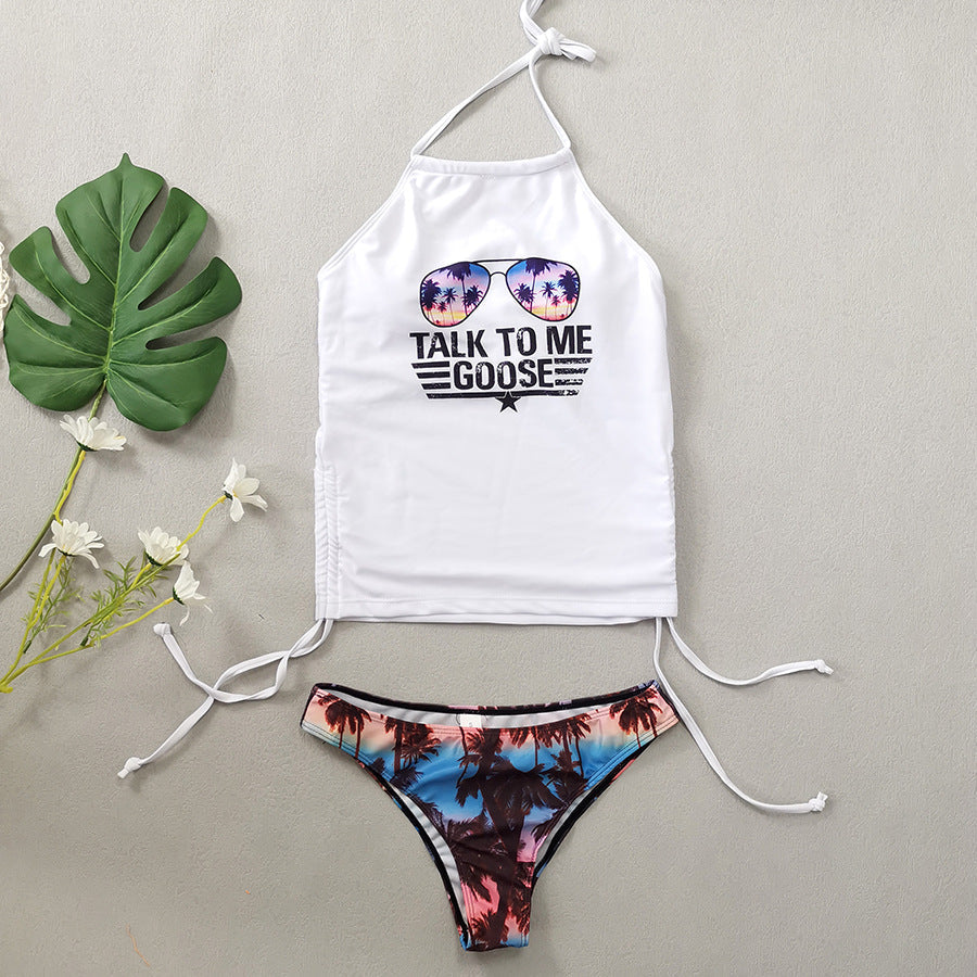 Coconut Tree Printed Lace up Swimsuit Conservative Belly Covering Women Bikini