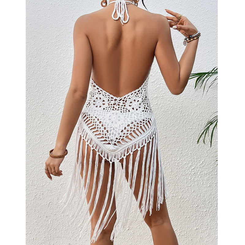 Beach Vacation Sexy Big Backless Hand Crocheting Lace Up Cutout Tassel Bikini Short Top Crochet hook