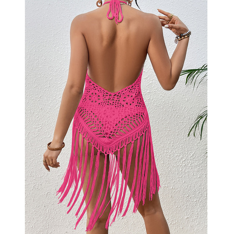 Beach Vacation Sexy Big Backless Hand Crocheting Lace Up Cutout Tassel Bikini Short Top Crochet hook