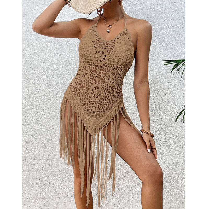 Beach Vacation Sexy Big Backless Hand Crocheting Lace Up Cutout Tassel Bikini Short Top Crochet hook