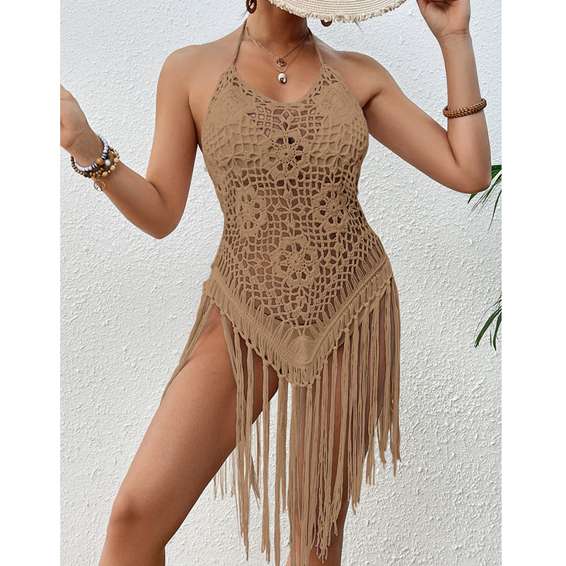 Beach Vacation Sexy Big Backless Hand Crocheting Lace Up Cutout Tassel Bikini Short Top Crochet hook