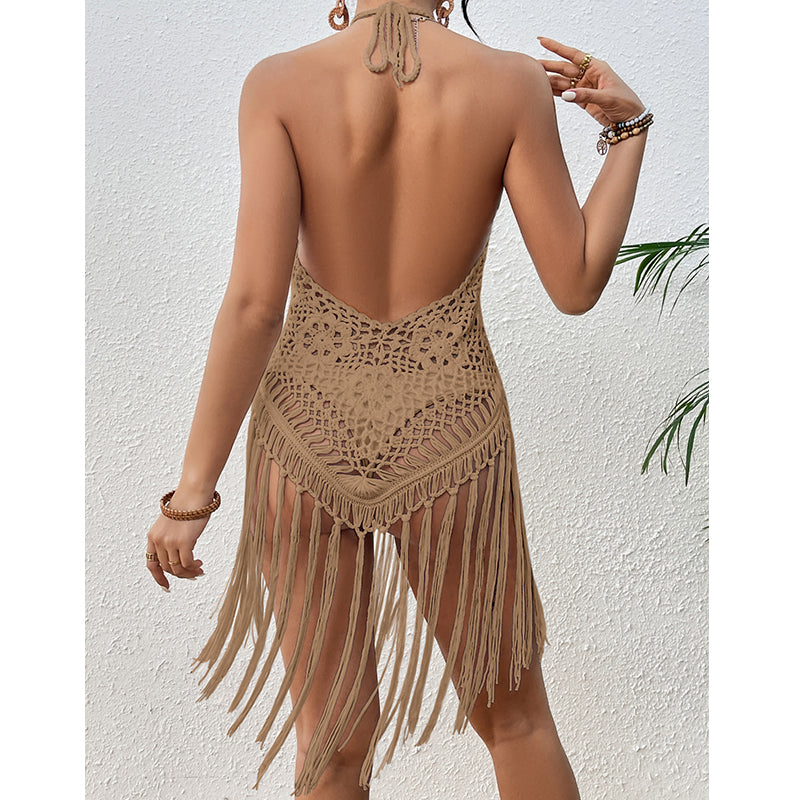 Beach Vacation Sexy Big Backless Hand Crocheting Lace Up Cutout Tassel Bikini Short Top Crochet hook