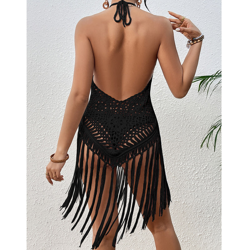 Beach Vacation Sexy Big Backless Hand Crocheting Lace Up Cutout Tassel Bikini Short Top Crochet hook