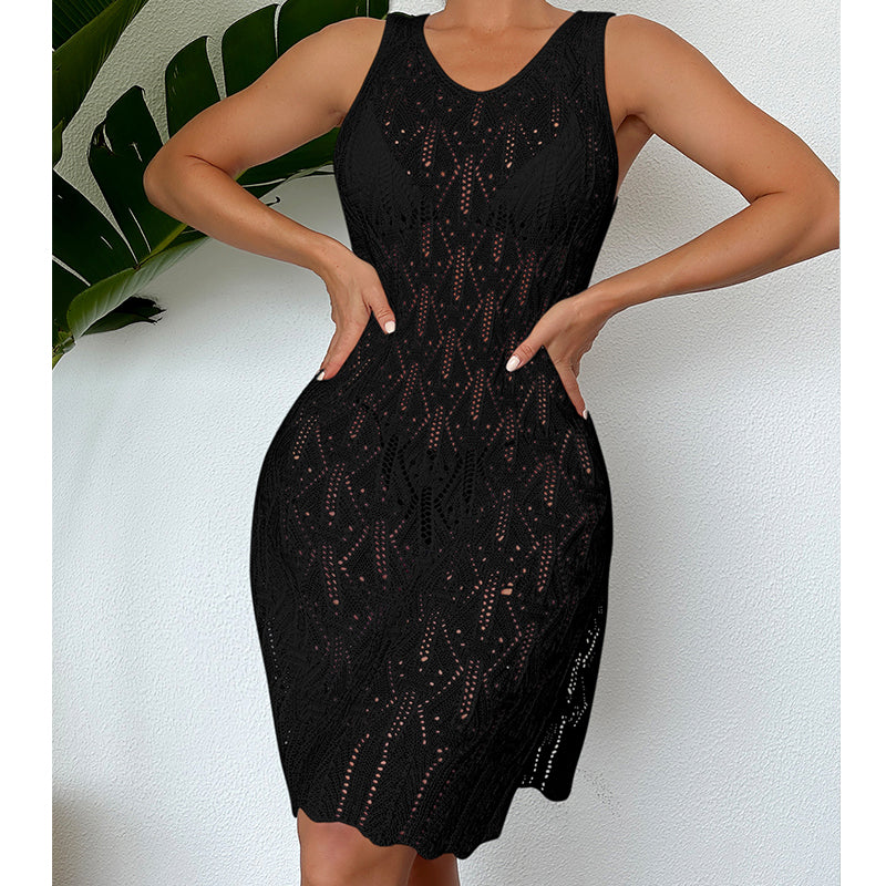 Women Mid Length Sexy Cutout Solid Color Vest Dress Side Slit Beach Dress Crochet hook