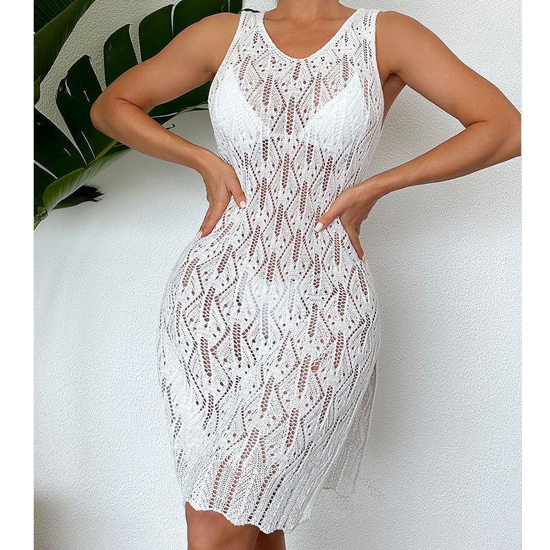 Women Mid Length Sexy Cutout Solid Color Vest Dress Side Slit Beach Dress Crochet hook