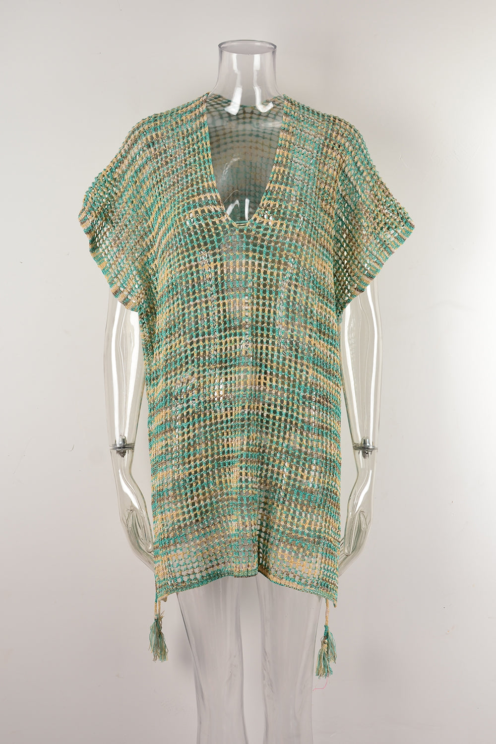 Women Summer Drawstring Loose Beach Cover up Hollow Out Cutout out Knitting Bikini Vacation Sun Protection Clothing