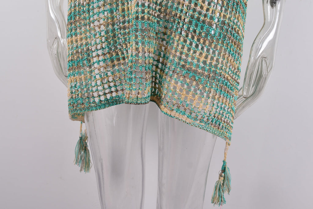 Women Summer Drawstring Loose Beach Cover up Hollow Out Cutout out Knitting Bikini Vacation Sun Protection Clothing