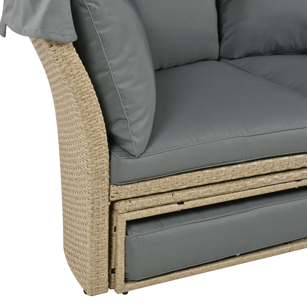 Outdoor Patio Daybed Wicker Rattan Double Daybed with Retractable Canopy, Grey, Polyester Upholstery, 71.7 x 63.4 x 62.2 inches