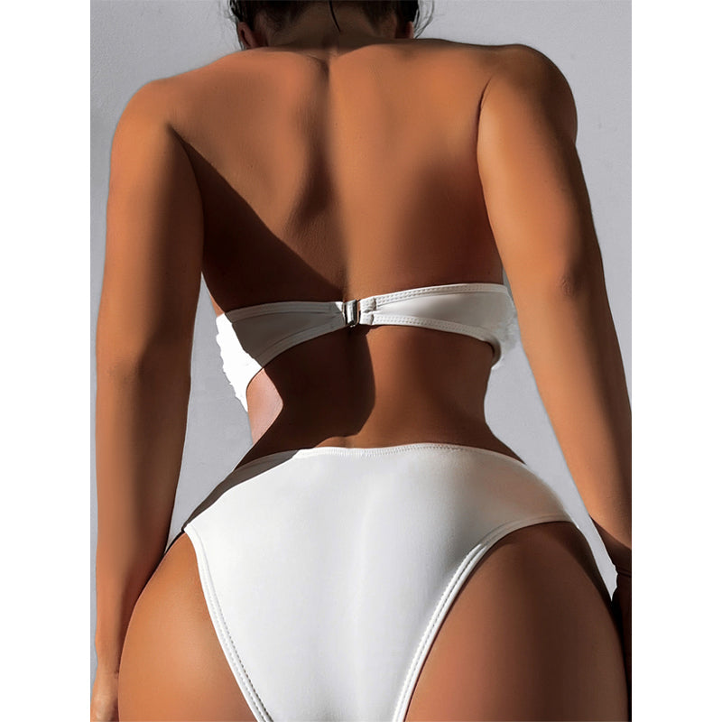 Bikini Swimsuit Women Sexy Tube Top Bikini Floral Solid Color High Waist Swimsuit