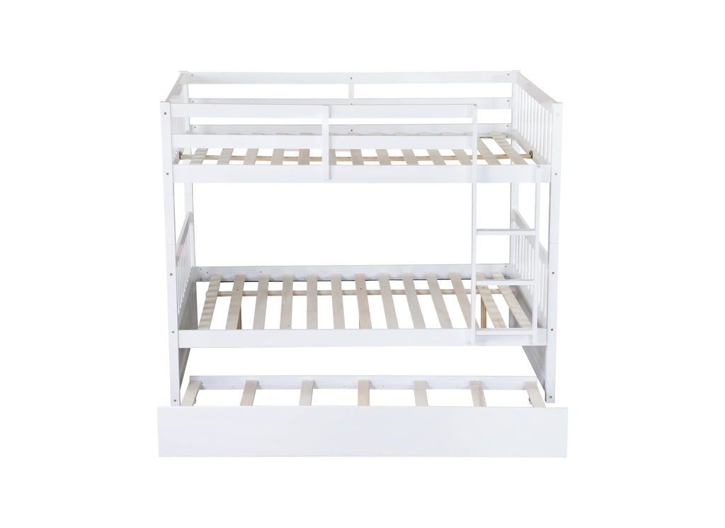 Full Over Full Rubber Wood Bunk Bed with Trundle, Ladder and Guardrails, Convertible to 2 Full Size Beds, with Twin Size Trundle,White