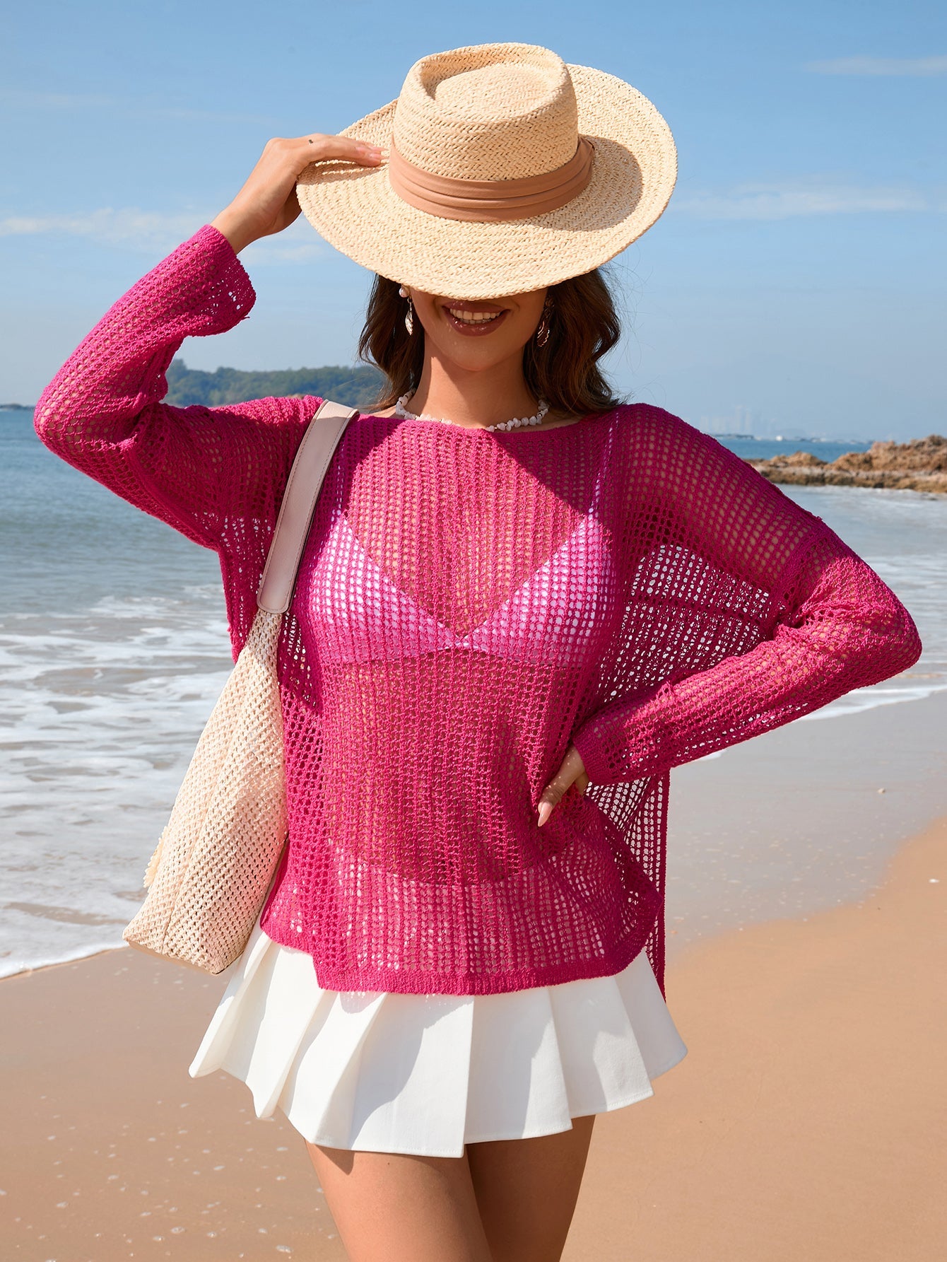 Spring Summer Blouse Solid Color Long Sleeve Knitted Vacation Split Women Knitwear