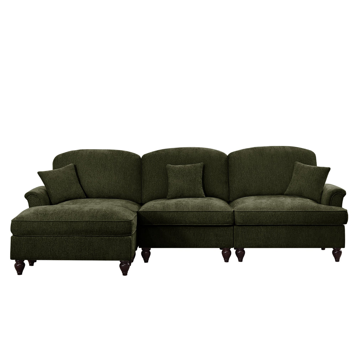 Mid Century Three Seater Modular L Shaped Sectional Couch with Flared Arms and Removable Ruffles Pleats Skirts and Spindle Legs, Comfy Chenille 3-Seat Deep Seat Sofa with Movable Ottoman,Green