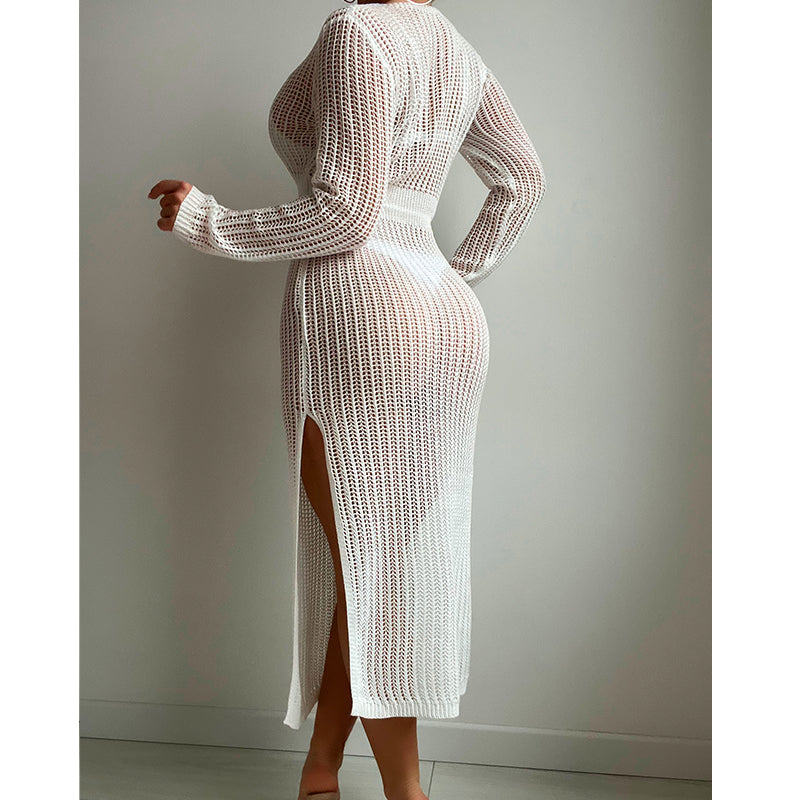 Sexy Hollow Out Cutout Knitted Deep V Plunge Lace up Waist Controlled Long Sleeve Split Skirt Vacation Dress Swimsuit Blouse Crochet hook