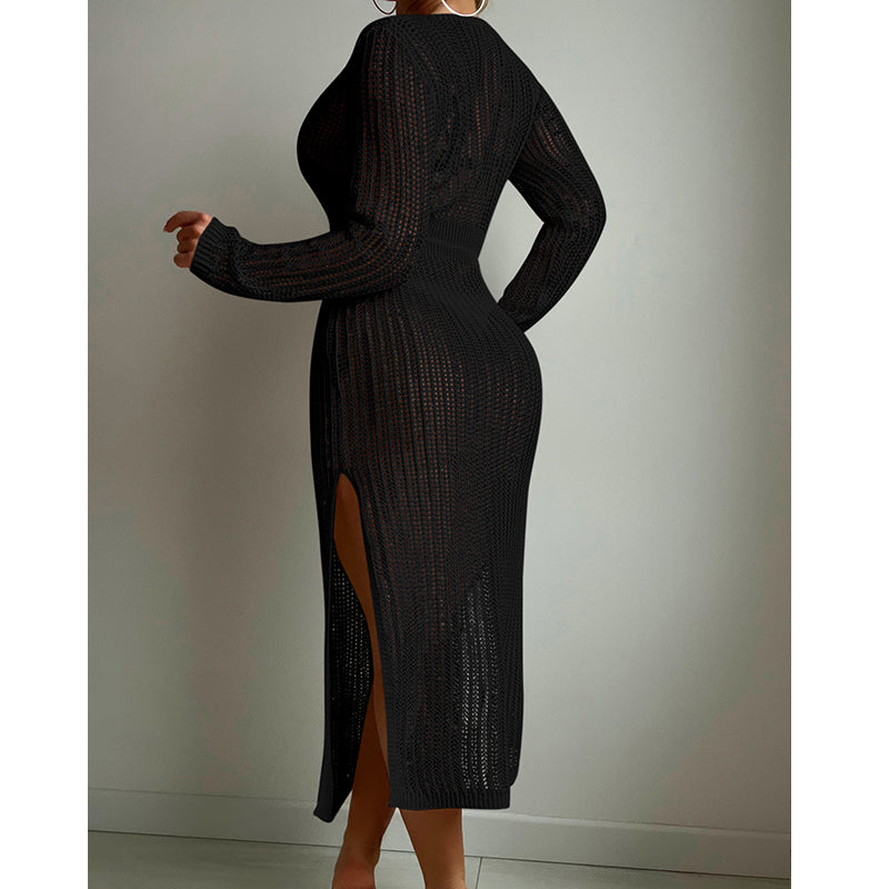 Sexy Hollow Out Cutout Knitted Deep V Plunge Lace up Waist Controlled Long Sleeve Split Skirt Vacation Dress Swimsuit Blouse Crochet hook