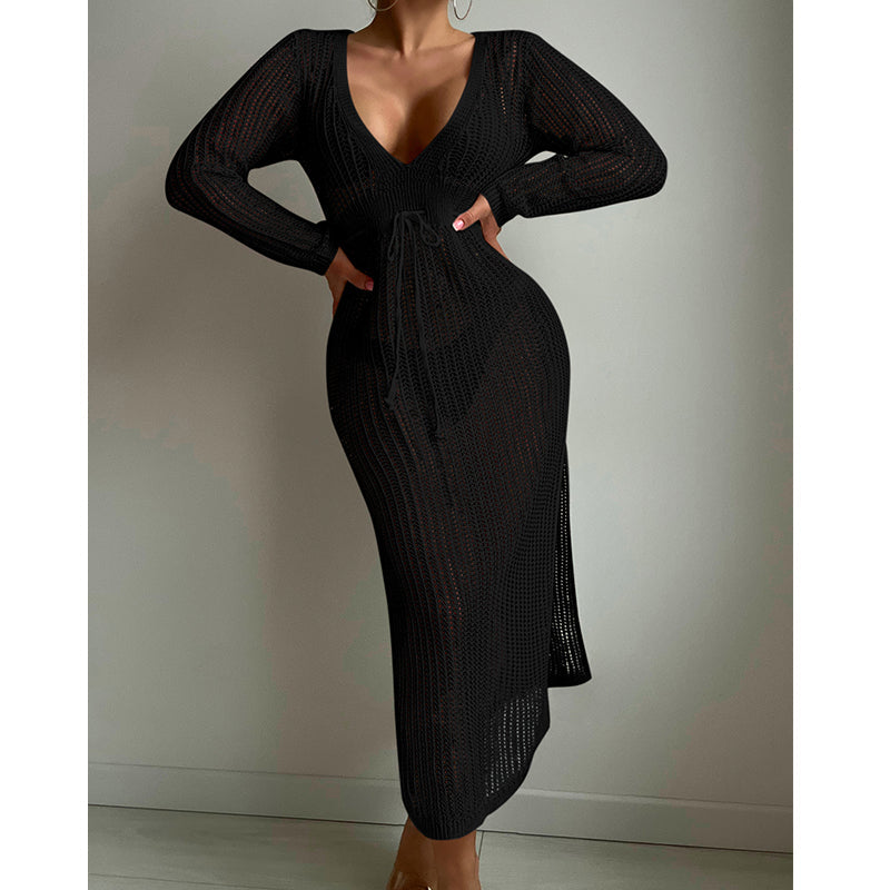 Sexy Hollow Out Cutout Knitted Deep V Plunge Lace up Waist Controlled Long Sleeve Split Skirt Vacation Dress Swimsuit Blouse Crochet hook