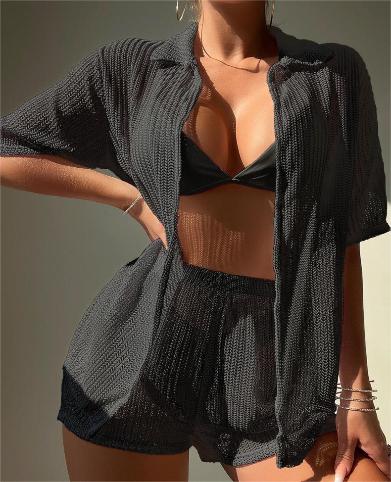 Black Cutout Blouse Split Boxers Bikini Beachwear Women Blouse Swimsuit