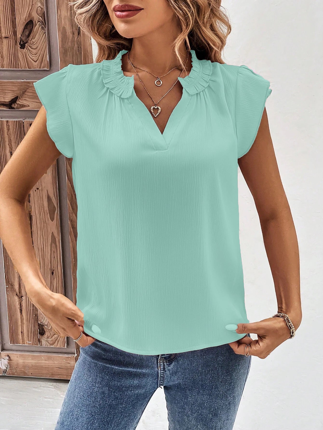 Women Clothing Casual V neck Ruffled Pleated Ruffle Sleeve Top