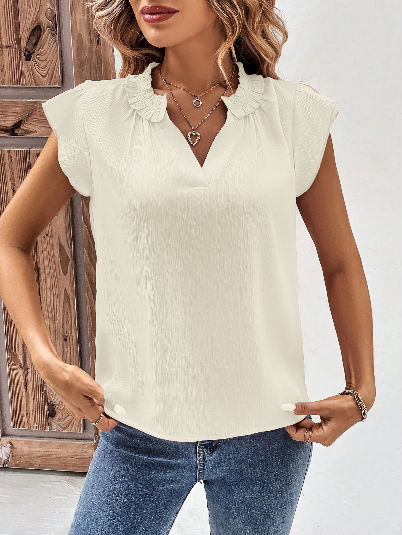 Women Clothing Casual V neck Ruffled Pleated Ruffle Sleeve Top
