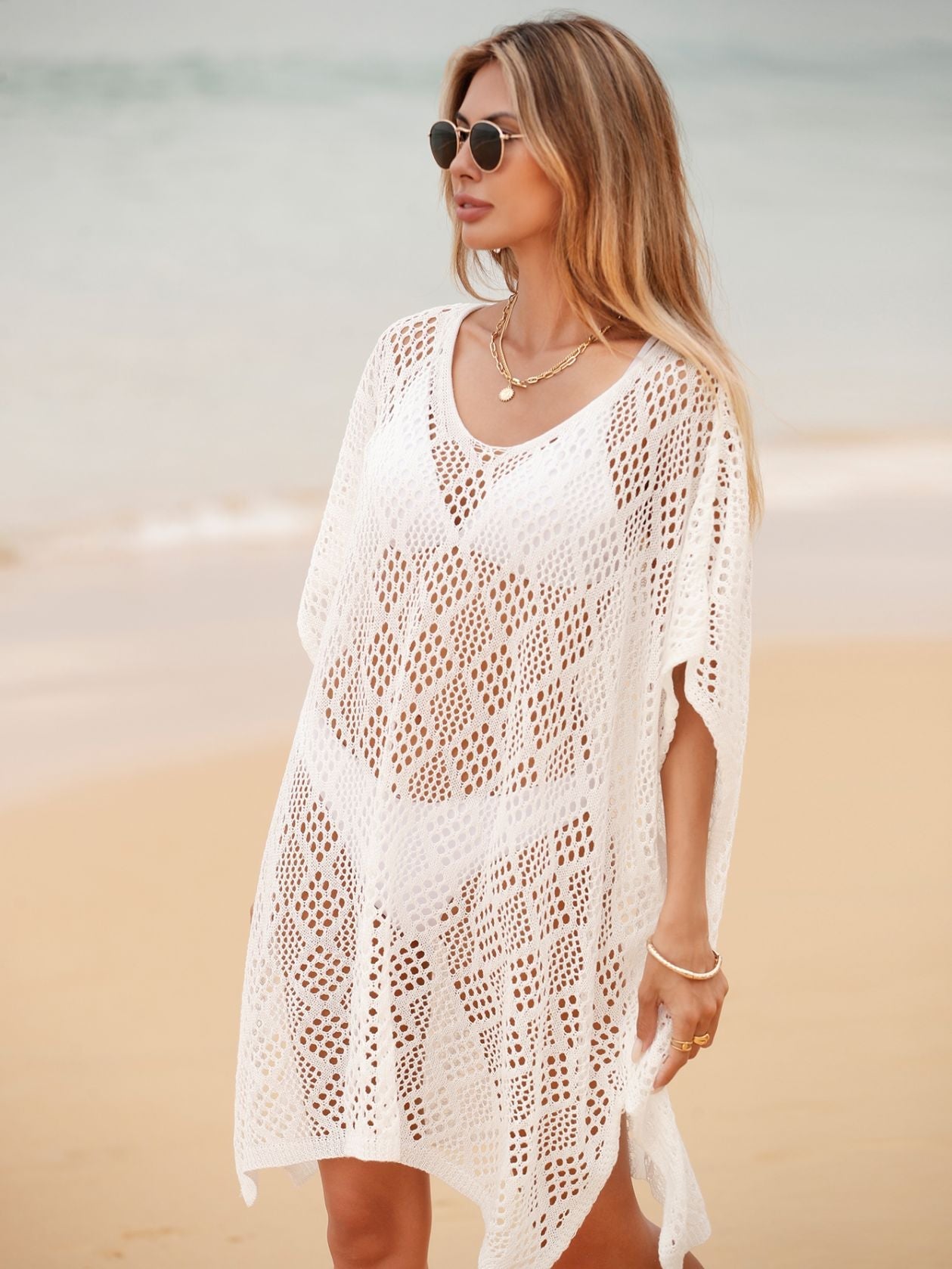 Beach Beach Cover Up Shawl Coat Sun Protection Shirt Hollow Out Cutout Loose Beach Dress for Women