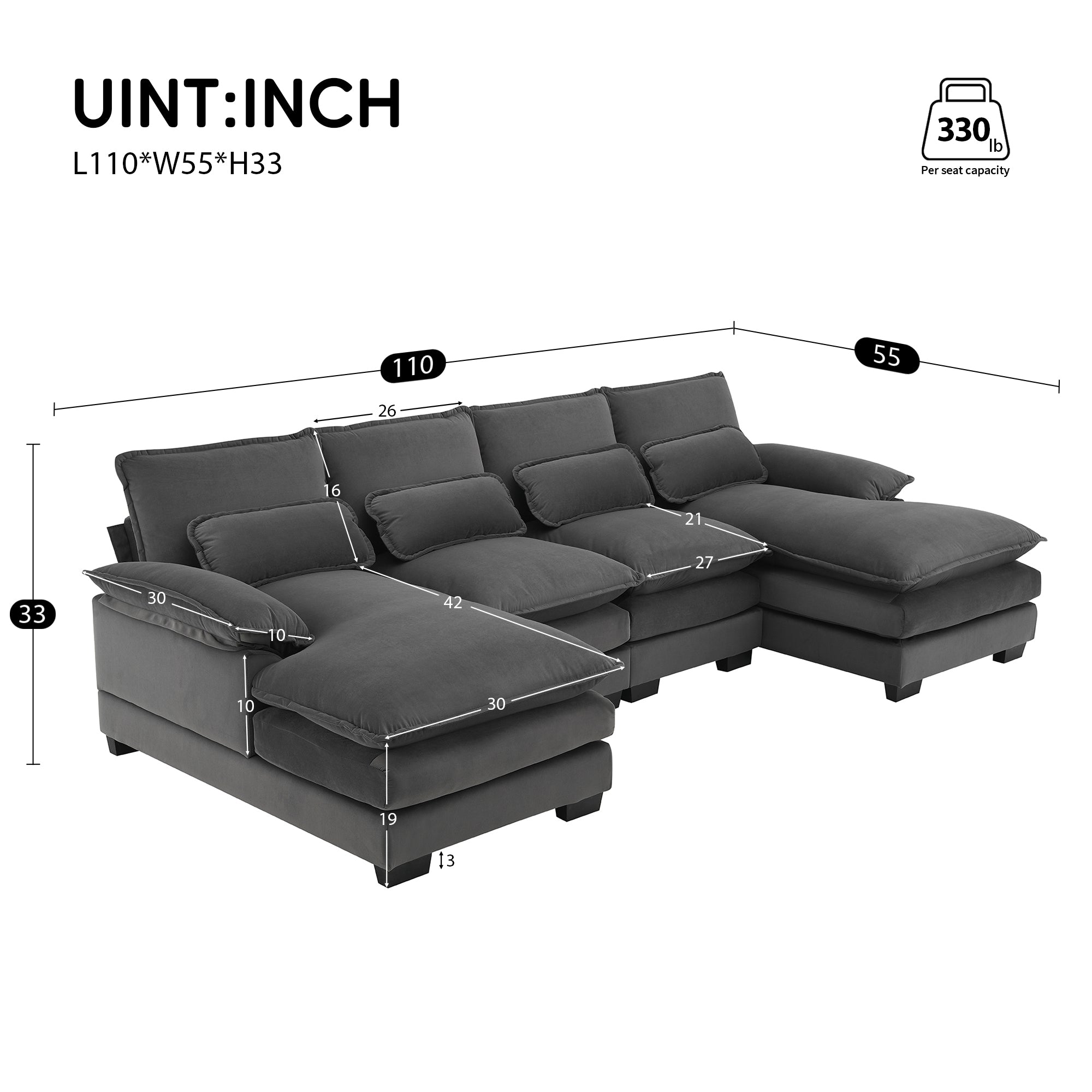 109.8*55.9' Modern U-shaped Sectional Sofa with Waist Pillows,6-seat Upholstered Symmetrical Sofa Furniture,Sleeper Sofa Couch with Chaise Lounge for Living Room,Apartment,5 Color