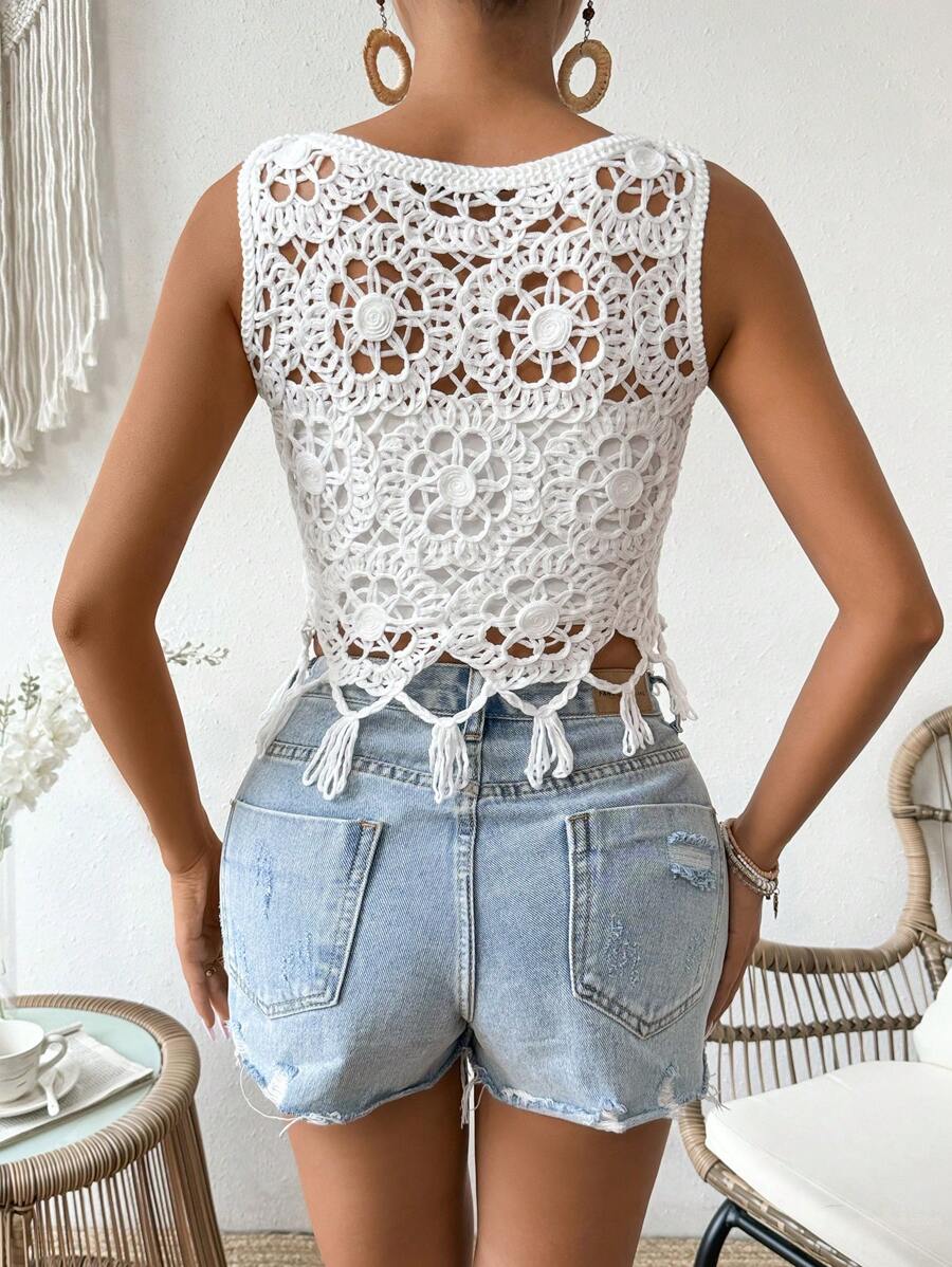 Crocheted Cutout Fringed Sleeveless Short Top Crochet hook
