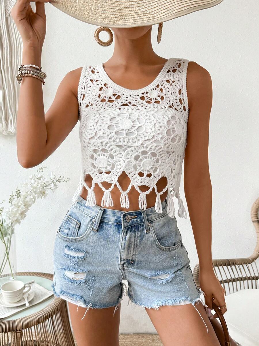 Crocheted Cutout Fringed Sleeveless Short Top Crochet hook