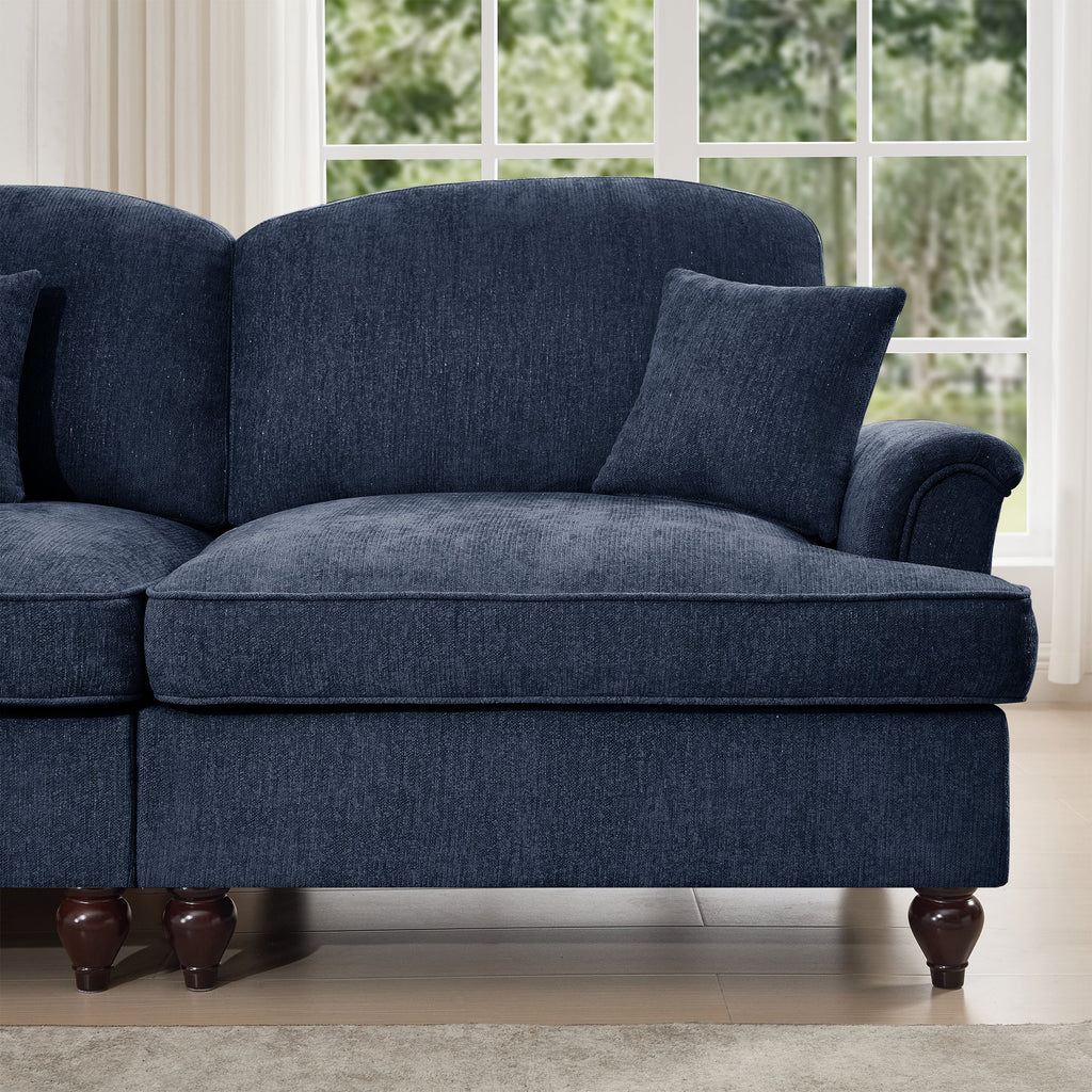 Elegant Mid Century Large 3 Seater Sofa Couch with Flared Arms and Removable Ruffles Pleats Skirts and Spindle Legs, Comfy Chenille Three-Seat Sofa for Living Room, Blue