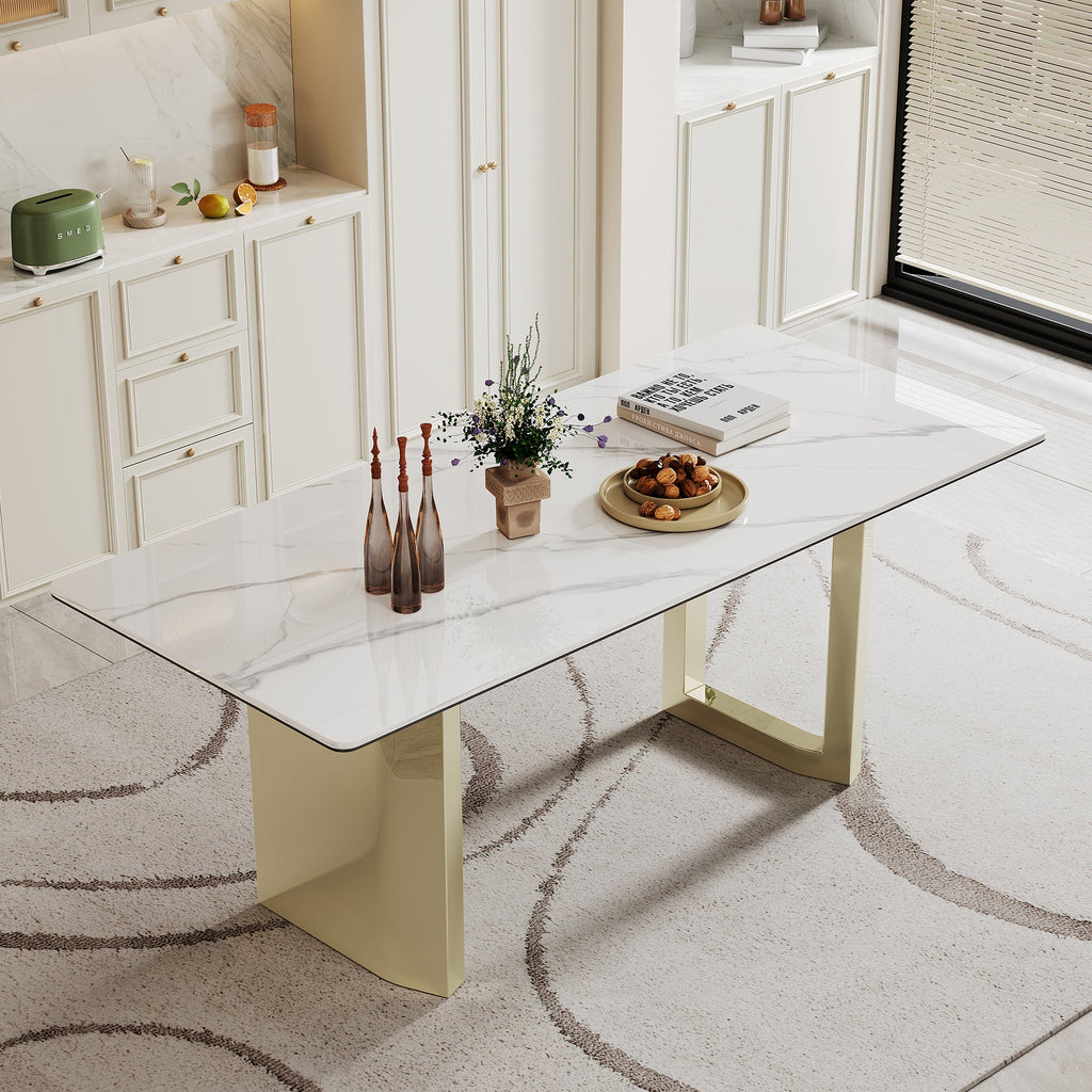 0.47' Thick Sintered Stone Composite Tempered Glass Top Rectangular Dining Table with Stainless Steel Base