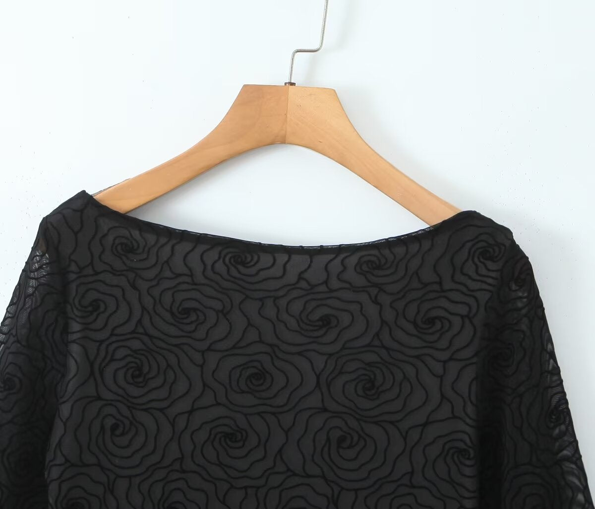 Sexy Pure Black Floral Line round Neck Long Sleeve A line Dress Women Slim Fit Cinched Short Dress Slimming