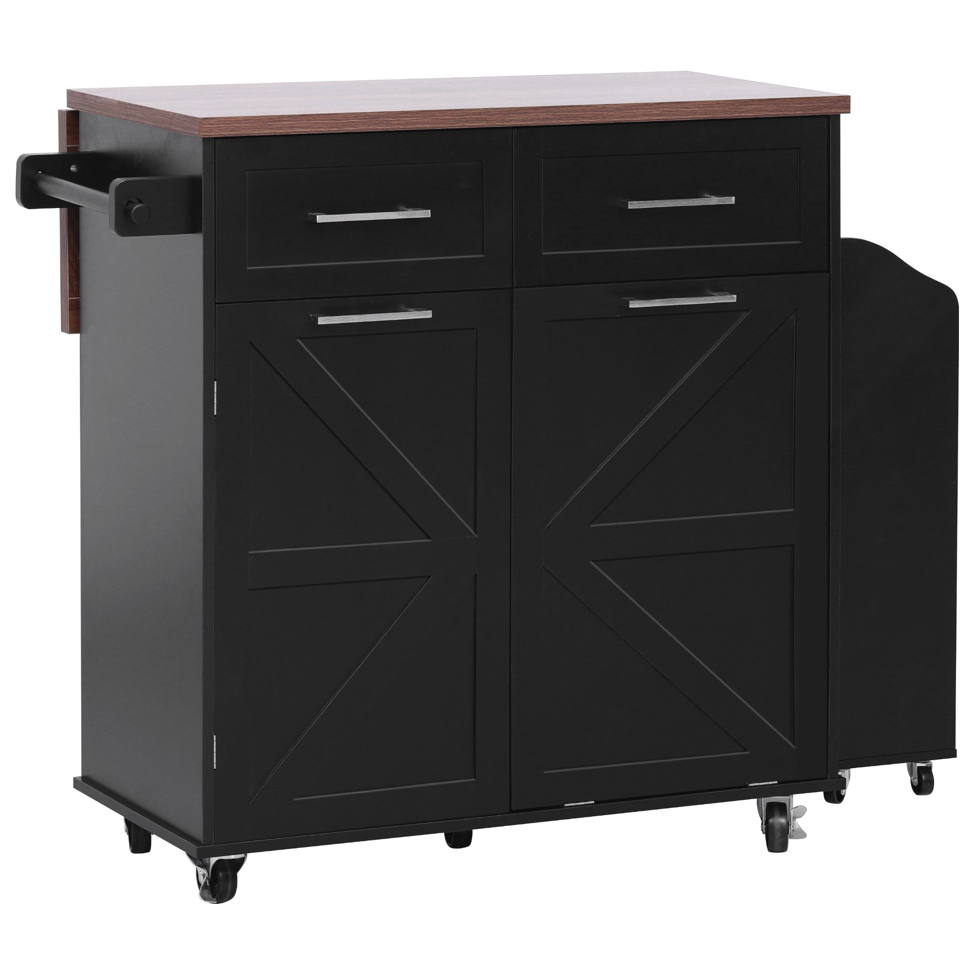 K&K 47.2' Farmhouse Kitchen Island with Drop Leaf, Kitchen Storage Island with Removable Side Racks, Two Drawers, Rolling Kitchen Cart on Wheels with Towel Rack, for Home, Kitchen, Dining Room, Black