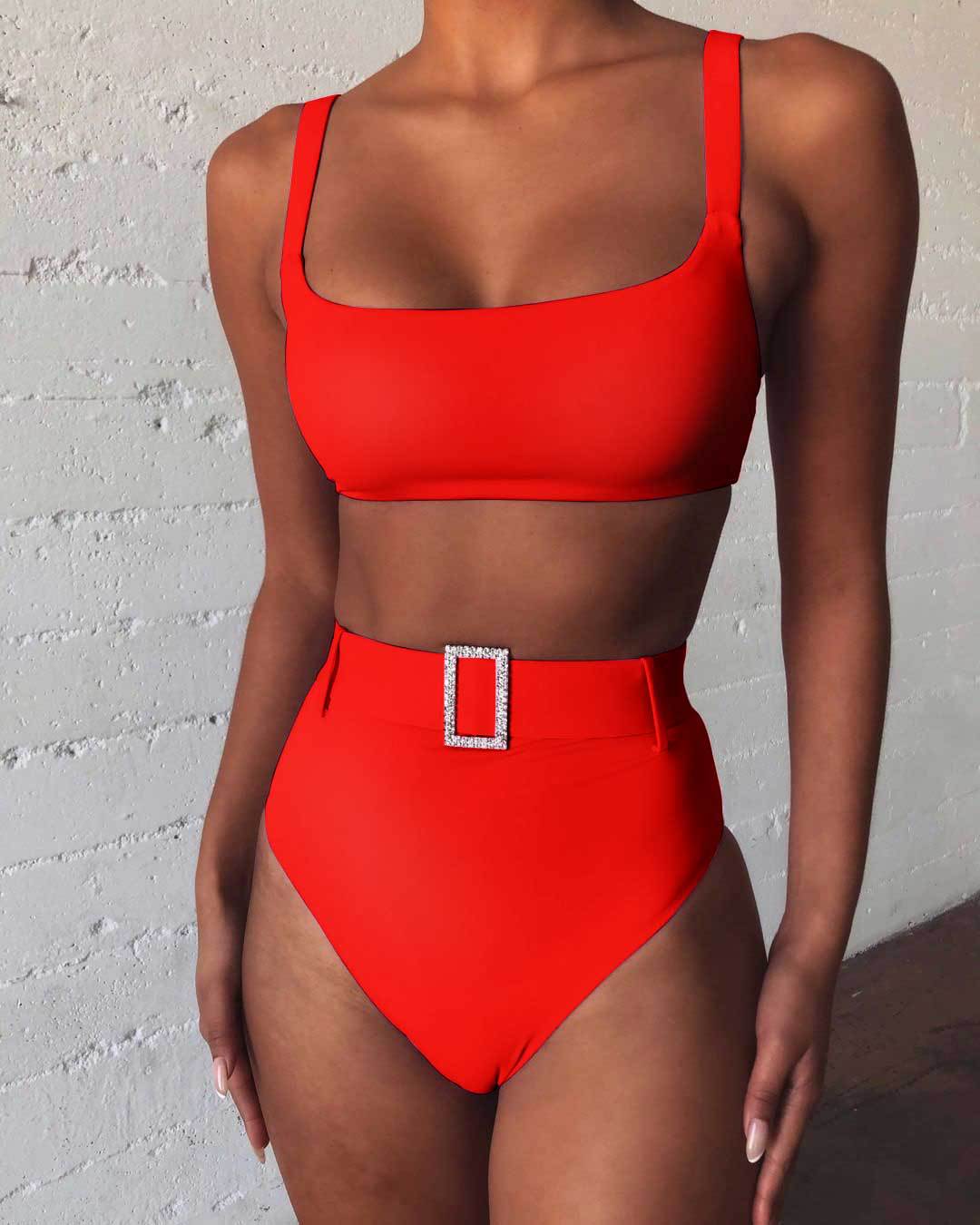 Solid Color High Waist Sexy Imitation Diamond Bikini Split Swimsuit Swimwear