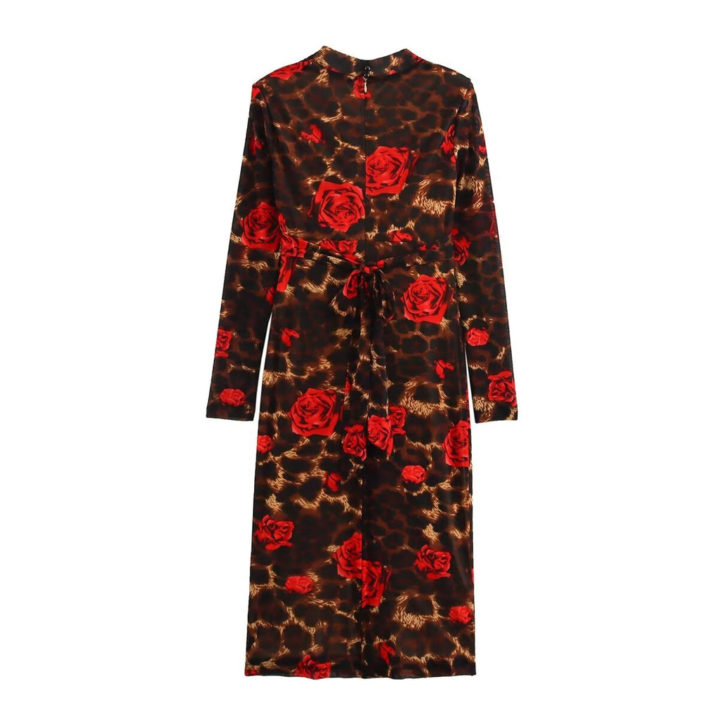 Winter V neck Slim Knitted Leopard Rose Print Sheath Long Sleeve Dress