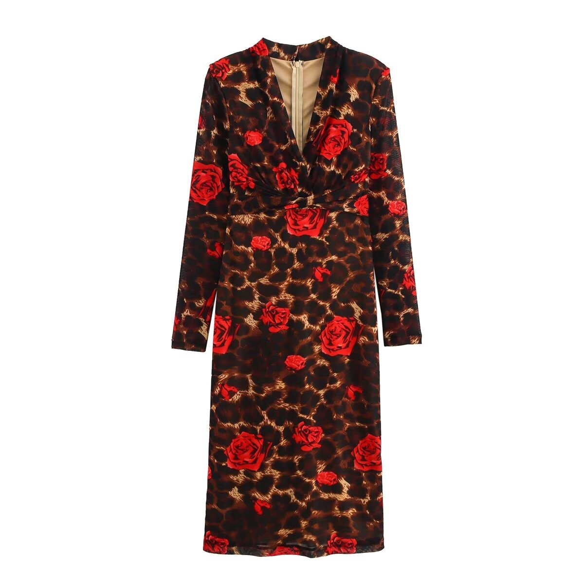 Winter V neck Slim Knitted Leopard Rose Print Sheath Long Sleeve Dress