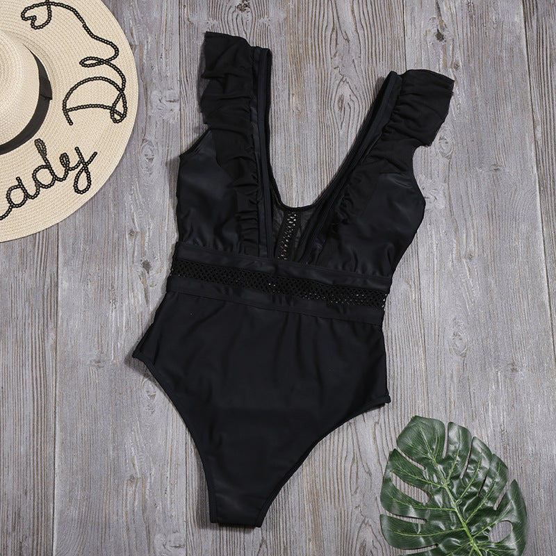 Sexy Hollow Out Cutout Swimsuit Women Deep V Plunge Plunge One-Piece Swimsuit Ruffled Bikini