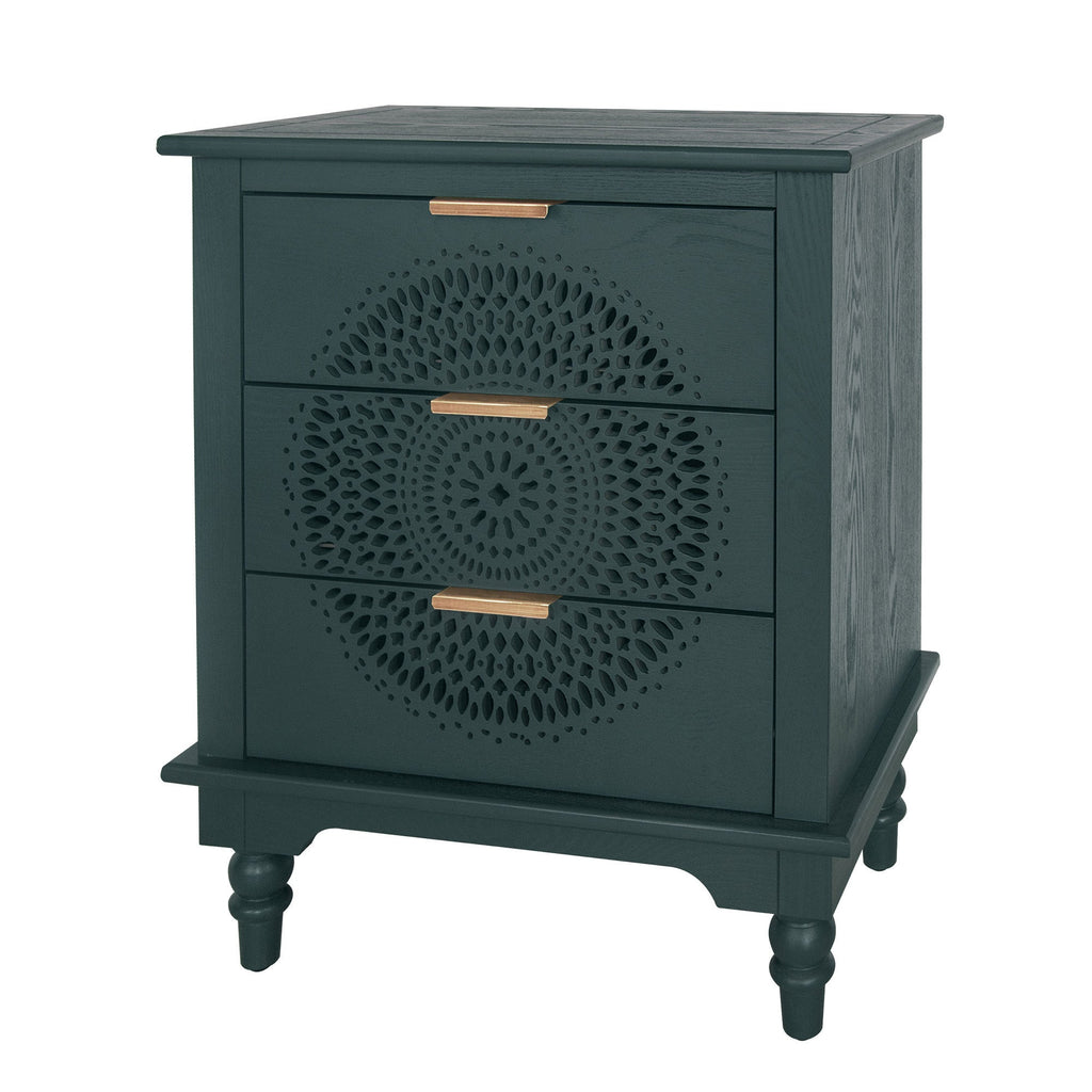 Blackish Green Hollow-Carved 3-Drawer Dresser with Metal Handles, MDF Storage Chest for Living Room or Bedroom