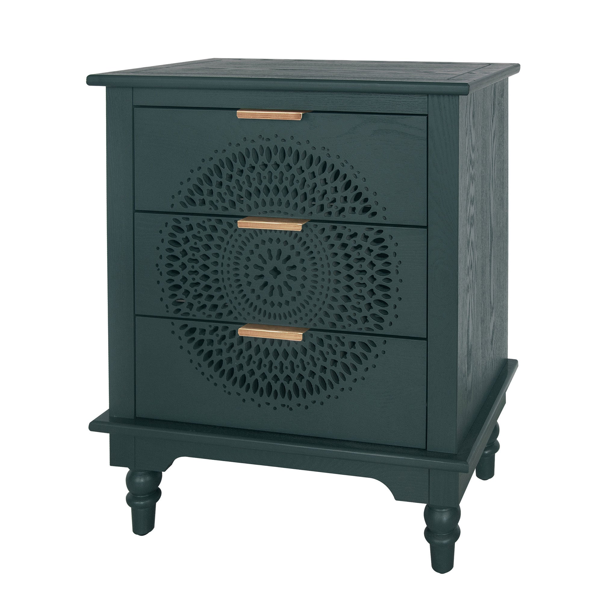 Blackish Green Hollow-Carved 3-Drawer Dresser with Metal Handles, MDF Storage Chest for Living Room or Bedroom