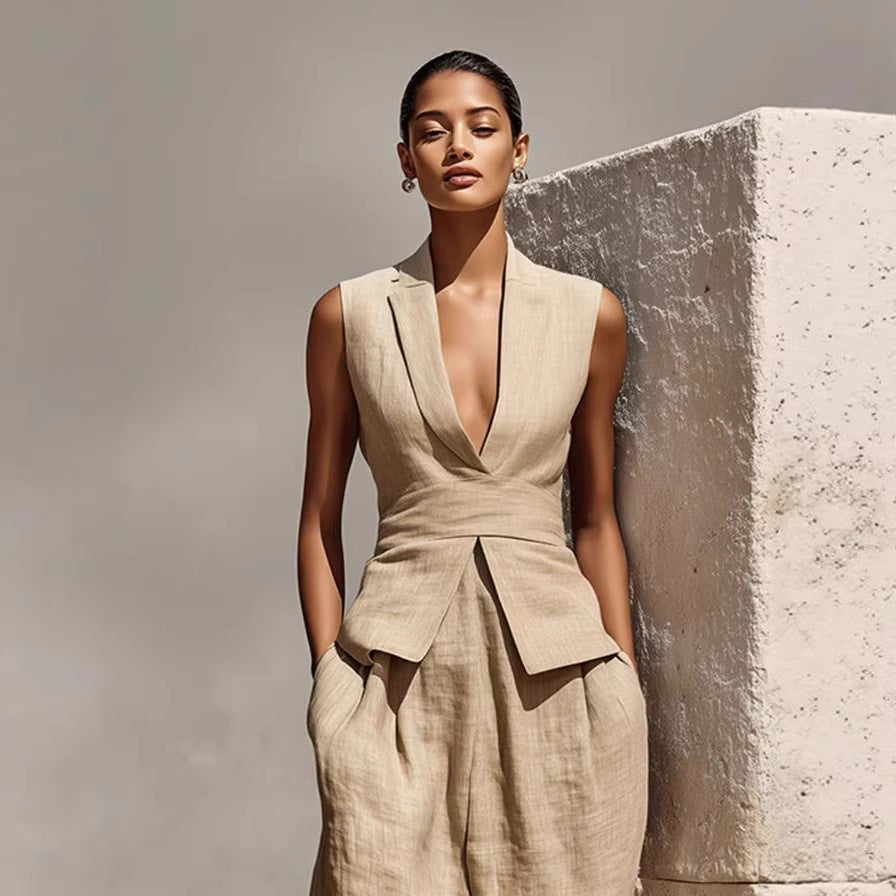 Women's Linen V-Neck Sleeveless Tank Top & Long Pants Set
